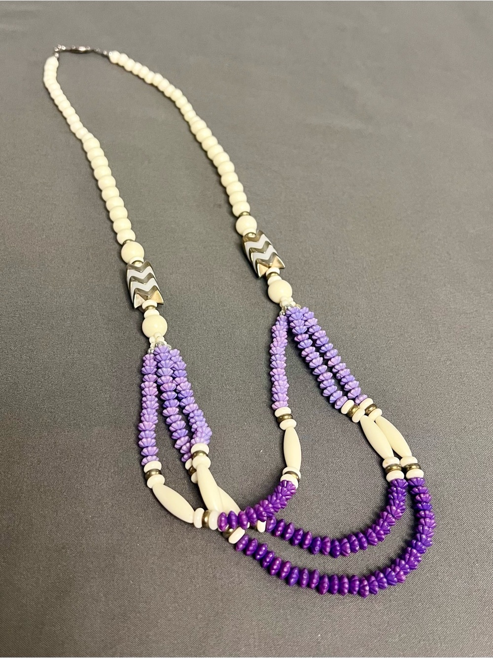 MCM Japanese Multi Strand Statement Necklace Lavender & Cream Geometric Bead
